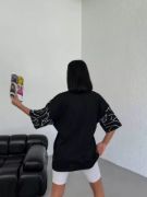 Unisex Bisiklet Yaka Baskılı Oversize T-Shirt - Siyah resmi